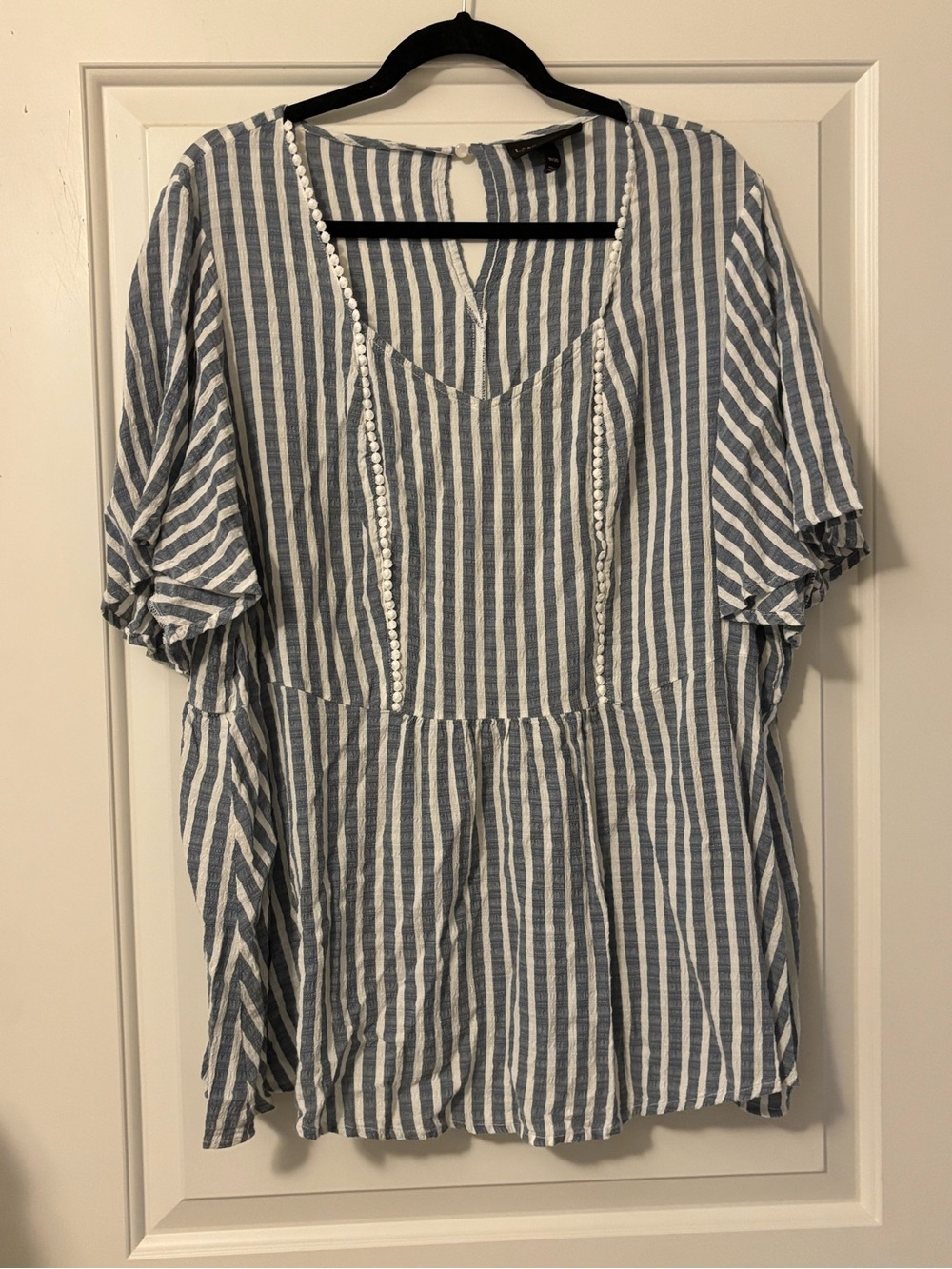 Lane Bryant Blue and White Striped V-Neck Tunic with Pom Trim